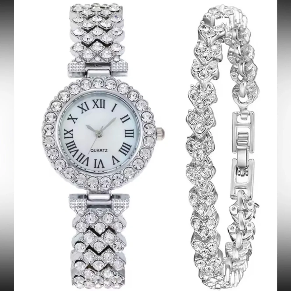 Roman Elegant Silver Crystal Bracelet Watch